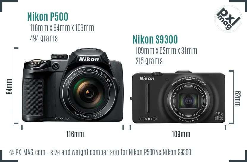 Nikon P500 vs Nikon S9300 size comparison