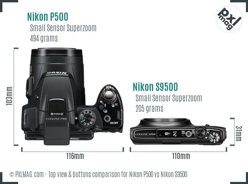 Nikon P500 vs Nikon S9500 top view buttons comparison