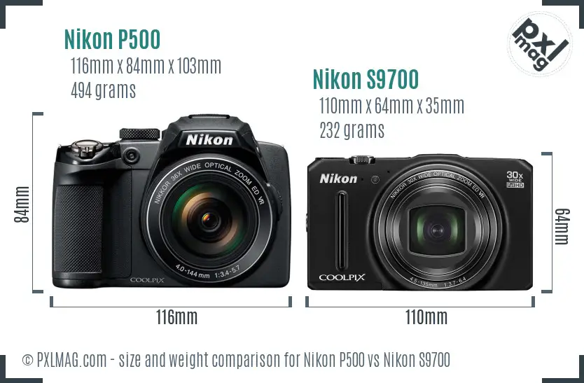 Nikon P500 vs Nikon S9700 size comparison