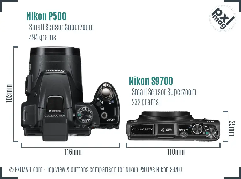 Nikon P500 vs Nikon S9700 top view buttons comparison