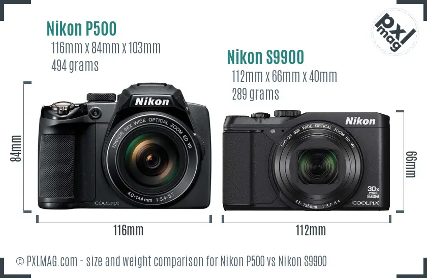 Nikon P500 vs Nikon S9900 size comparison