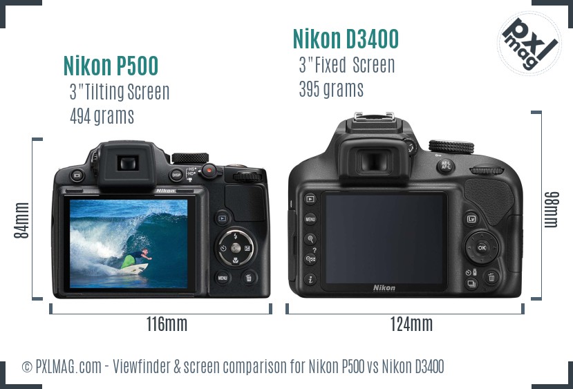 Nikon P500 vs Nikon D3400 Screen and Viewfinder comparison
