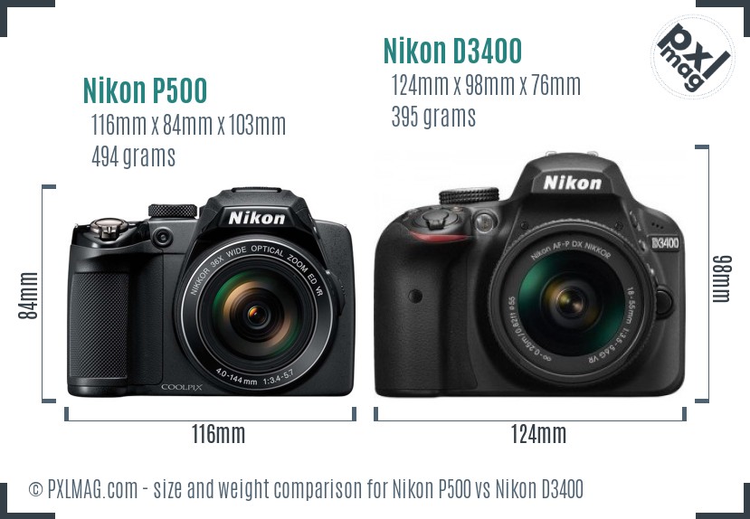 Nikon P500 vs Nikon D3400 size comparison Nikon P500 vs Nikon D3400 size comparison