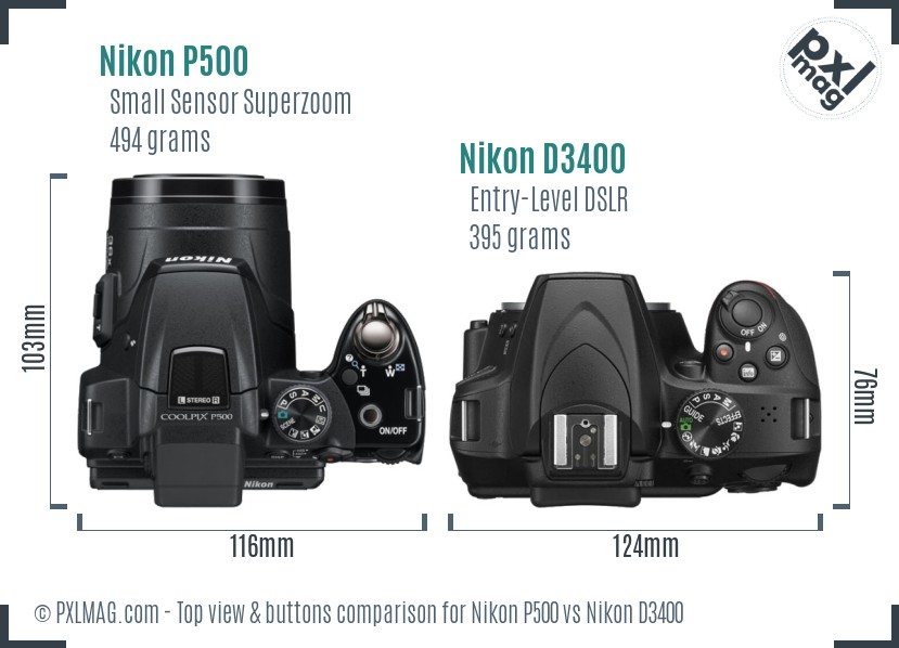 Nikon P500 vs Nikon D3400 top view buttons comparison