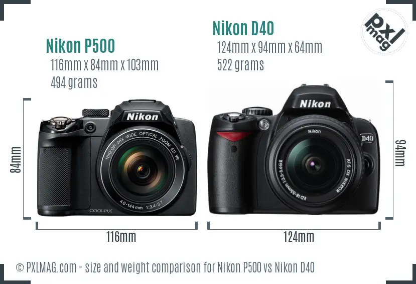 Nikon P500 vs Nikon D40 size comparison