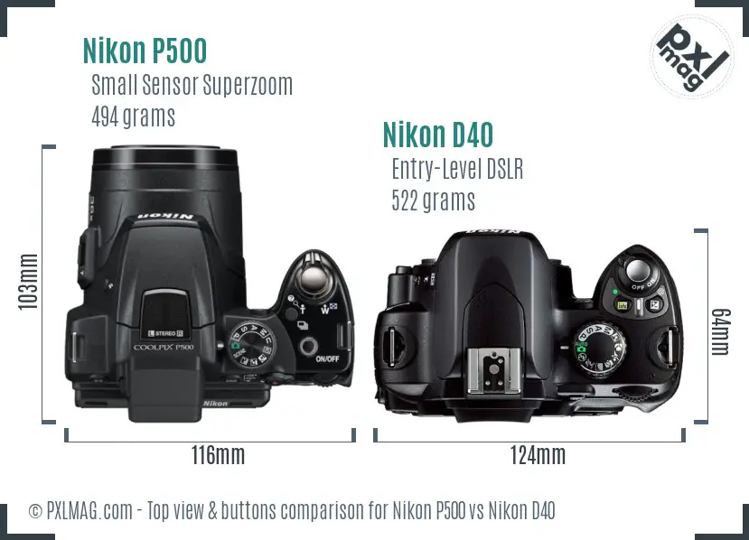 Nikon P500 vs Nikon D40 top view buttons comparison