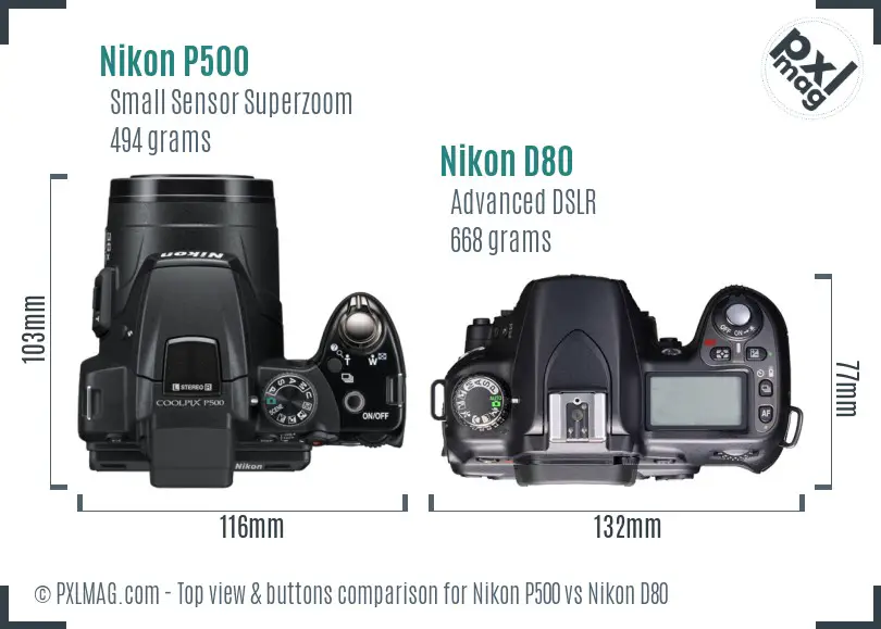 Nikon P500 vs Nikon D80 top view buttons comparison