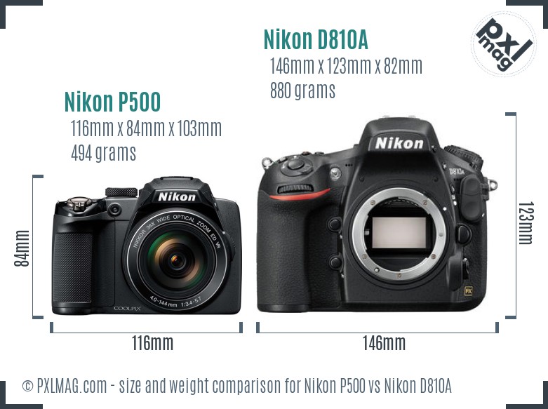 Nikon P500 vs Nikon D810A size comparison Nikon P500 vs Nikon D810A size comparison