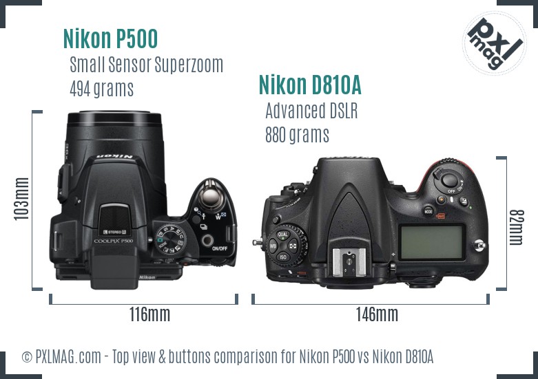 Nikon P500 vs Nikon D810A top view buttons comparison