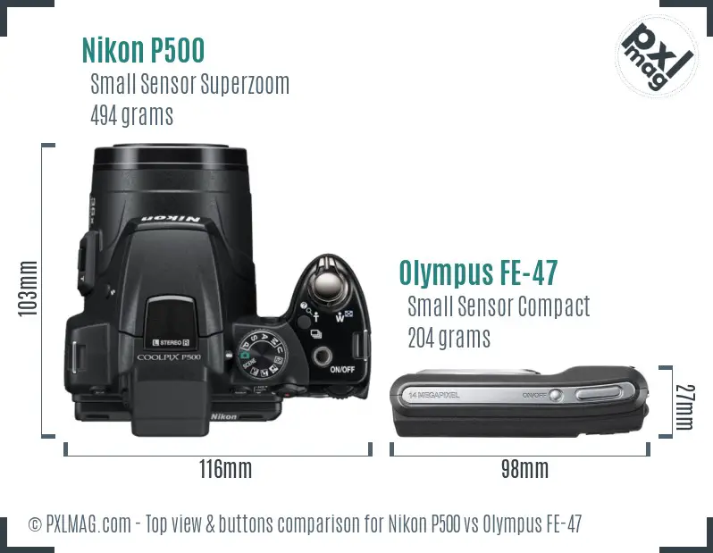 Nikon P500 vs Olympus FE-47 top view buttons comparison