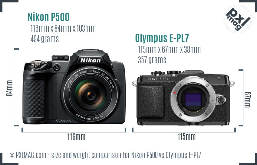 Nikon P500 vs Olympus E-PL7 size comparison