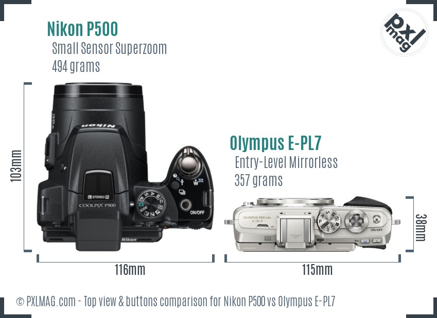 Nikon P500 vs Olympus E-PL7 top view buttons comparison