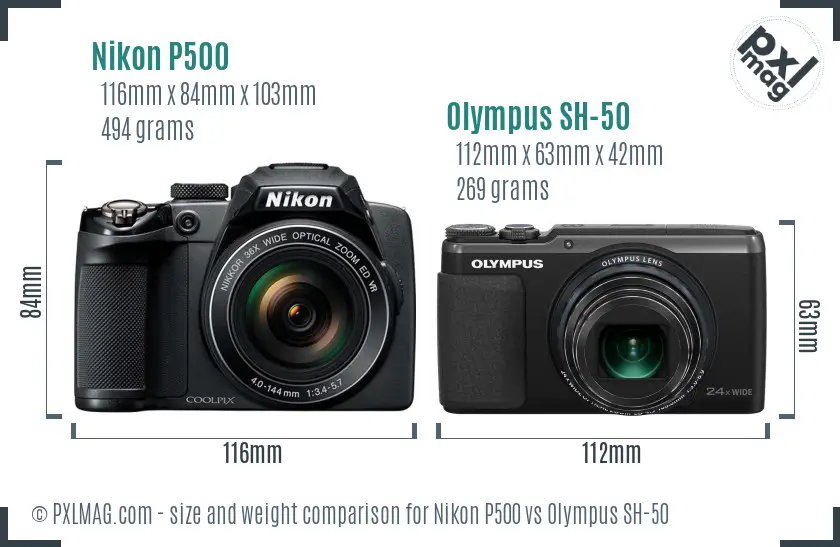 Nikon P500 vs Olympus SH-50 size comparison Nikon P500 vs Olympus SH-50 size comparison