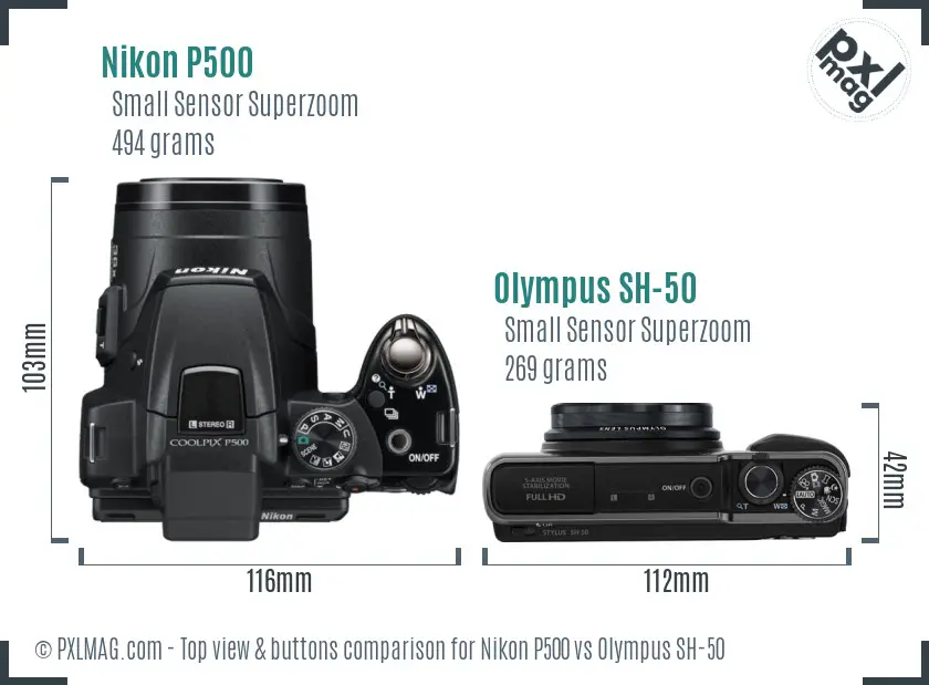Nikon P500 vs Olympus SH-50 top view buttons comparison Nikon P500 vs Olympus SH-50 top view buttons comparison
