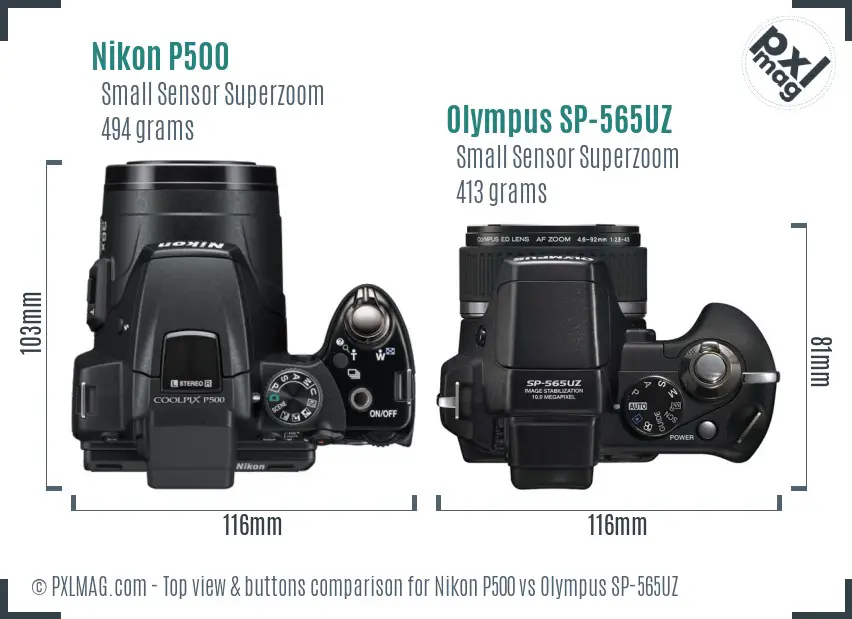 Nikon P500 vs Olympus SP-565UZ top view buttons comparison