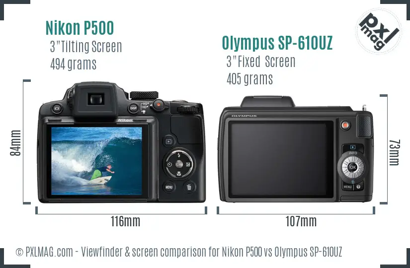 Nikon P500 vs Olympus SP-610UZ Screen and Viewfinder comparison