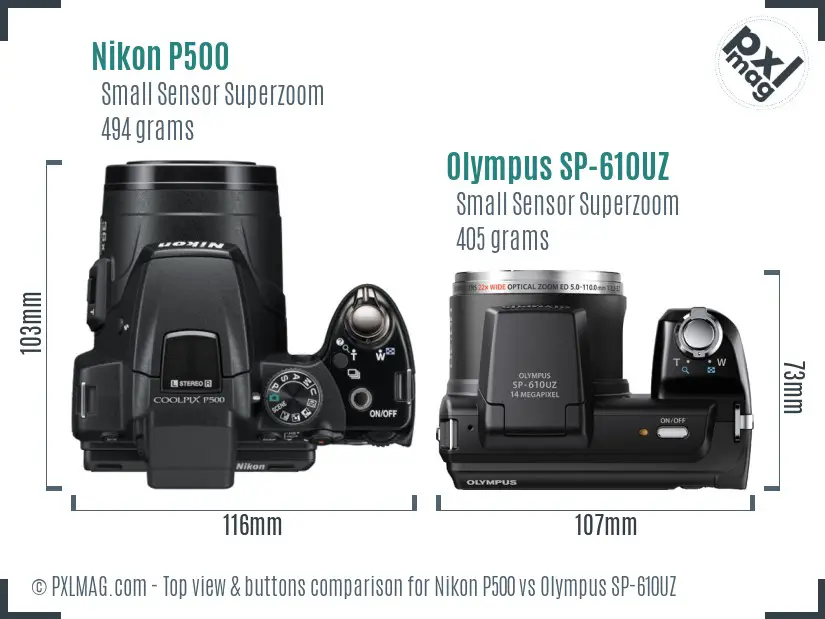 Nikon P500 vs Olympus SP-610UZ top view buttons comparison