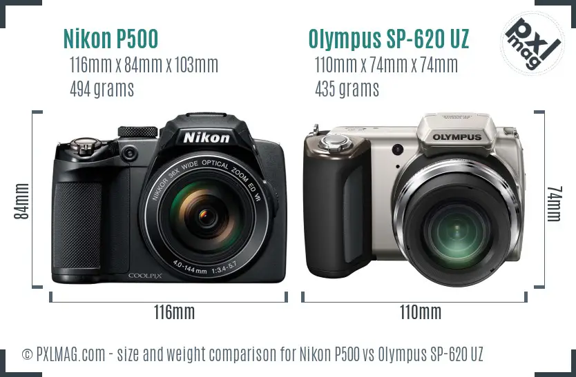 Nikon P500 vs Olympus SP-620 UZ size comparison