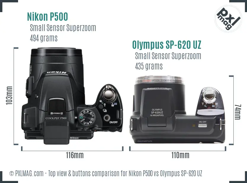 Nikon P500 vs Olympus SP-620 UZ top view buttons comparison