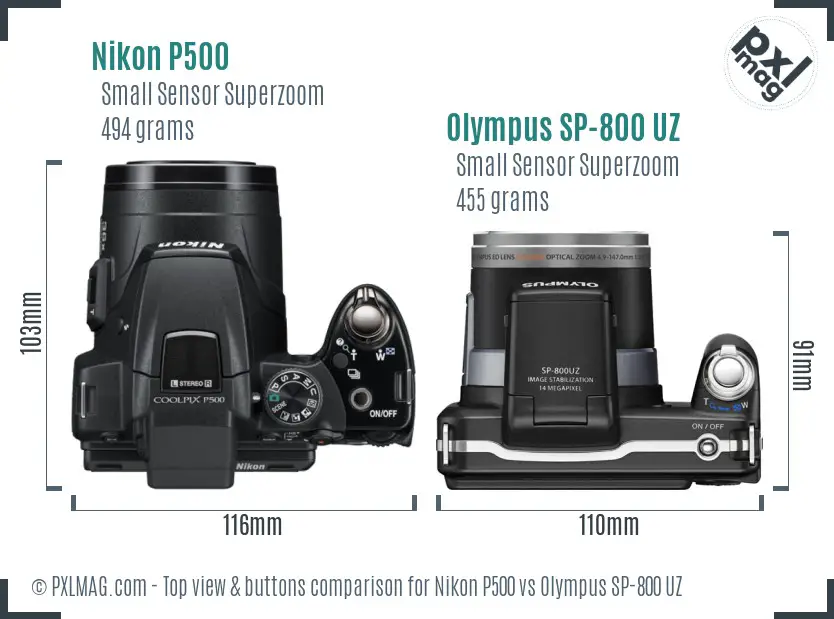 Nikon P500 vs Olympus SP-800 UZ top view buttons comparison Nikon P500 vs Olympus SP-800 UZ top view buttons comparison