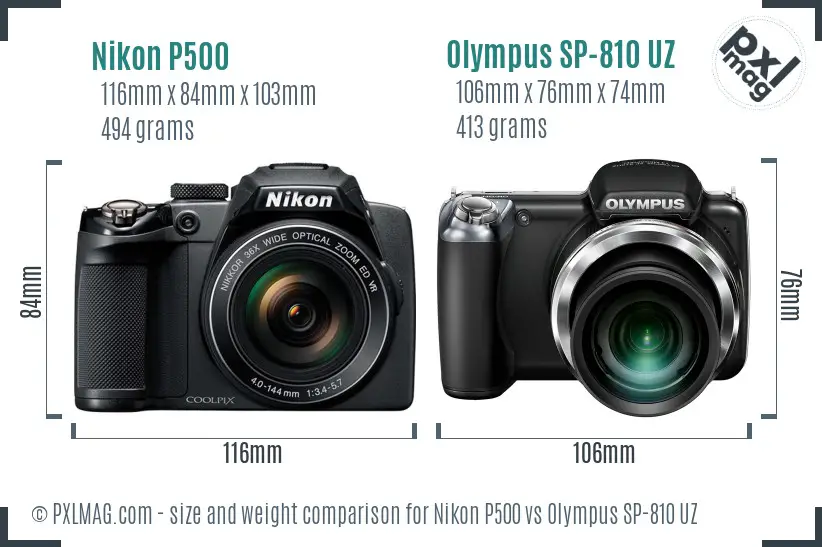 Nikon P500 vs Olympus SP-810 UZ size comparison