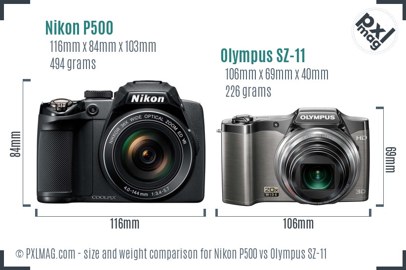 Nikon P500 vs Olympus SZ-11 size comparison