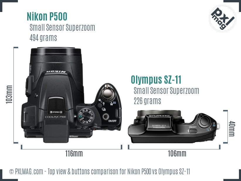 Nikon P500 vs Olympus SZ-11 top view buttons comparison