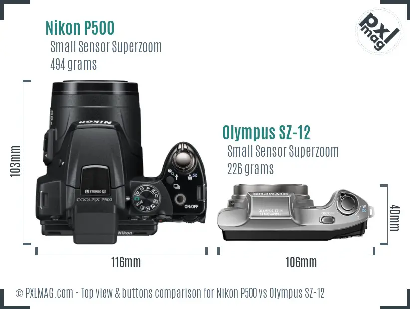 Nikon P500 vs Olympus SZ-12 top view buttons comparison Nikon P500 vs Olympus SZ-12 top view buttons comparison
