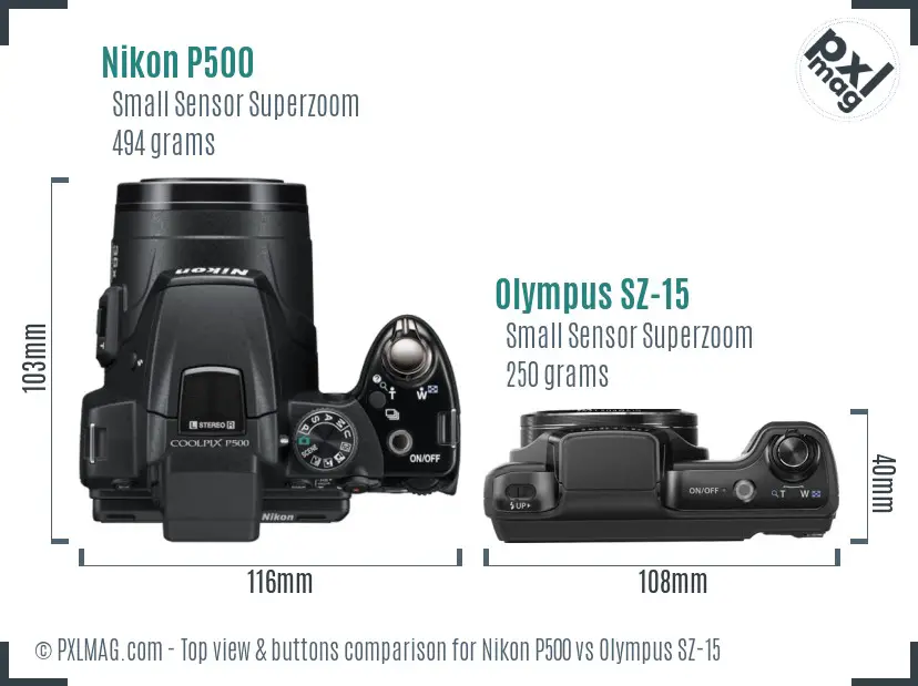 Nikon P500 vs Olympus SZ-15 top view buttons comparison Nikon P500 vs Olympus SZ-15 top view buttons comparison