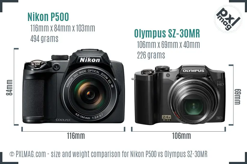 Nikon P500 vs Olympus SZ-30MR size comparison