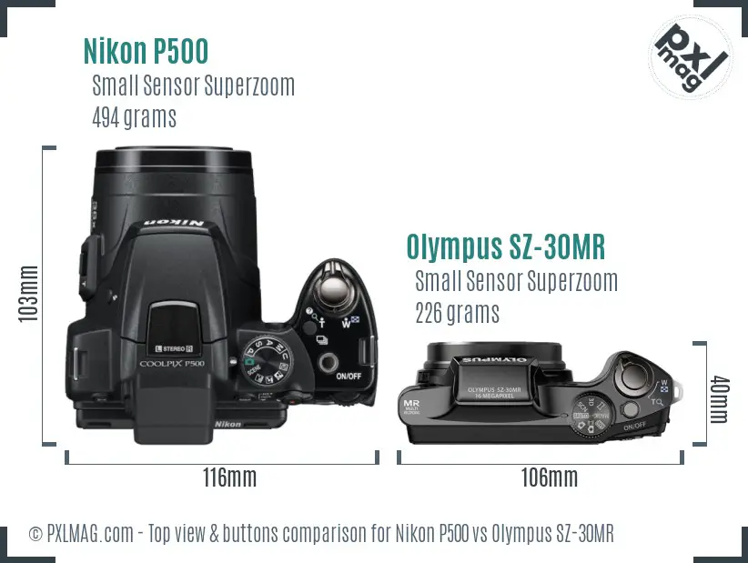 Nikon P500 vs Olympus SZ-30MR top view buttons comparison