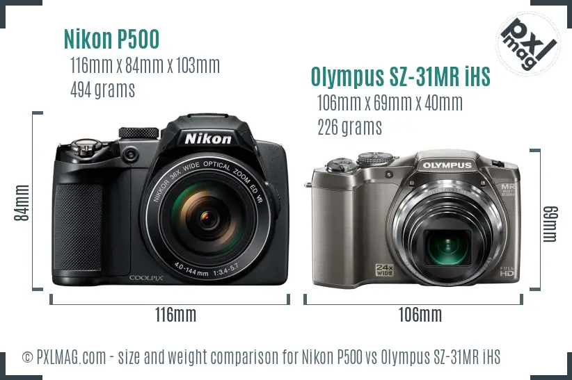 Nikon P500 vs Olympus SZ-31MR iHS size comparison