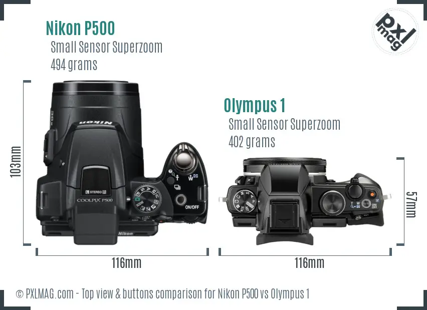 Nikon P500 vs Olympus 1 top view buttons comparison