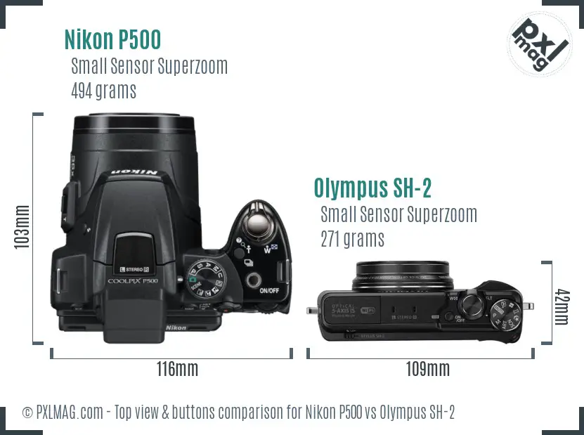Nikon P500 vs Olympus SH-2 top view buttons comparison