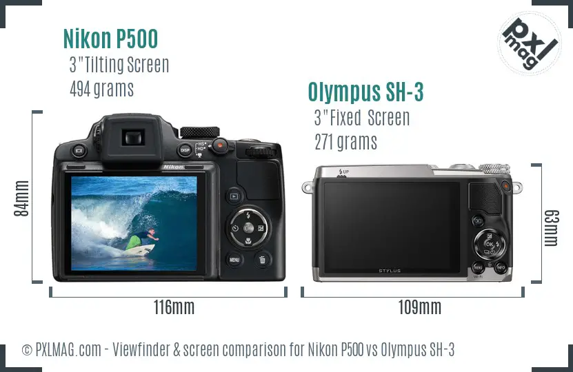 Nikon P500 vs Olympus SH-3 Screen and Viewfinder comparison