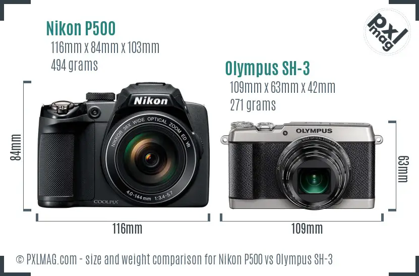 Nikon P500 vs Olympus SH-3 size comparison