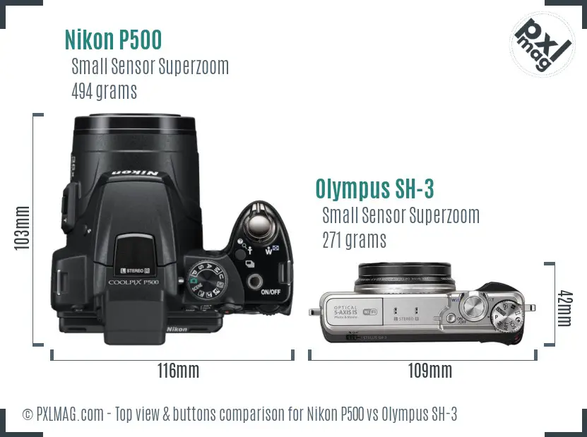 Nikon P500 vs Olympus SH-3 top view buttons comparison