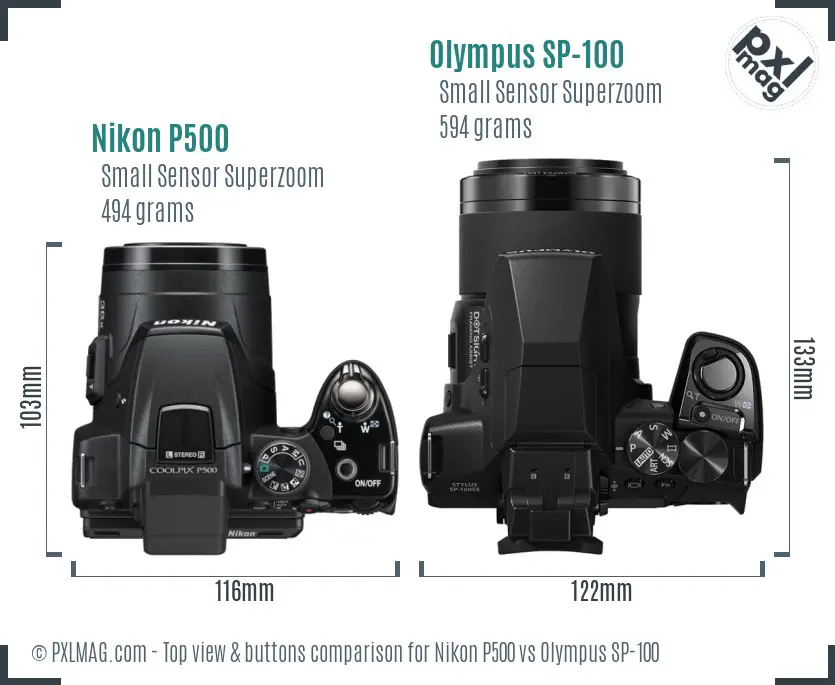 Nikon P500 vs Olympus SP-100 top view buttons comparison