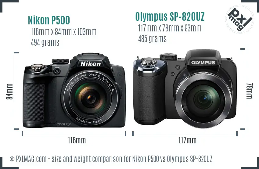 Nikon P500 vs Olympus SP-820UZ size comparison Nikon P500 vs Olympus SP-820UZ size comparison