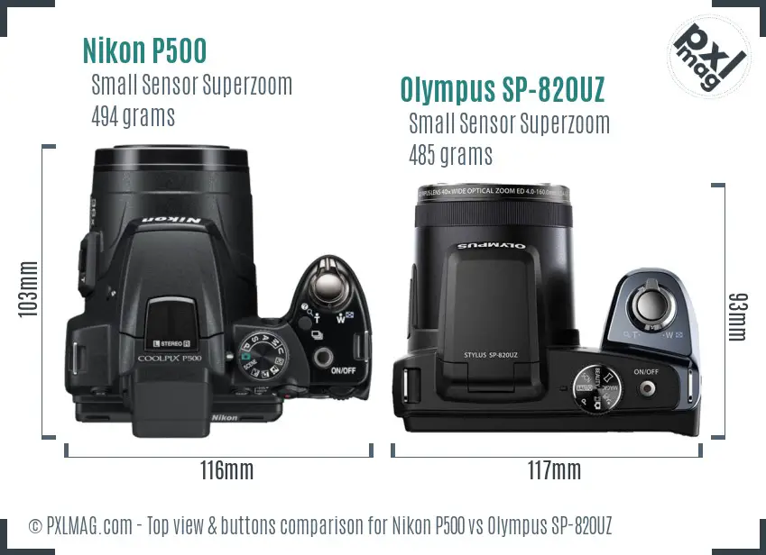 Nikon P500 vs Olympus SP-820UZ top view buttons comparison Nikon P500 vs Olympus SP-820UZ top view buttons comparison