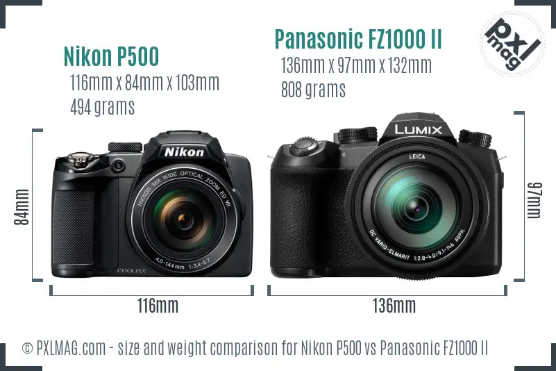 Nikon P500 vs Panasonic FZ1000 II size comparison