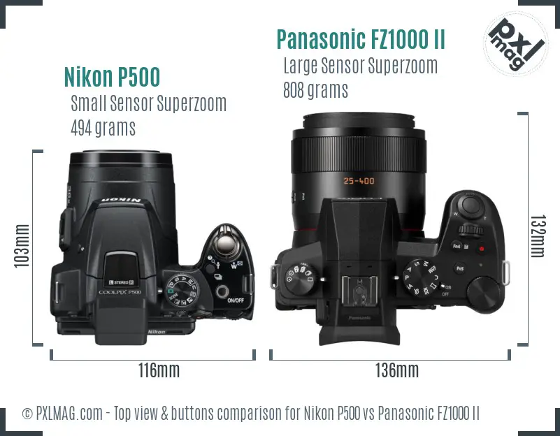 Nikon P500 vs Panasonic FZ1000 II top view buttons comparison