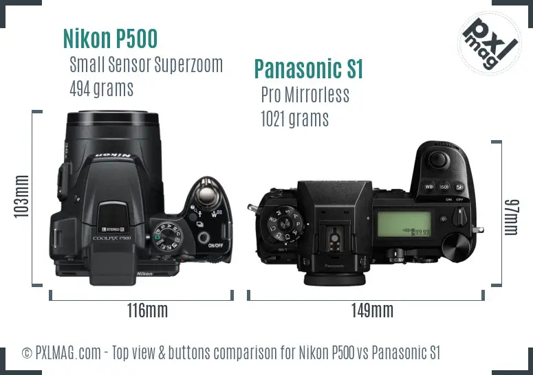 Nikon P500 vs Panasonic S1 top view buttons comparison Nikon P500 vs Panasonic S1 top view buttons comparison