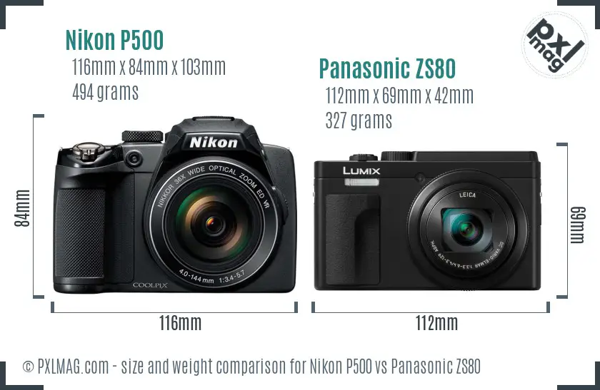 Nikon P500 vs Panasonic ZS80 size comparison