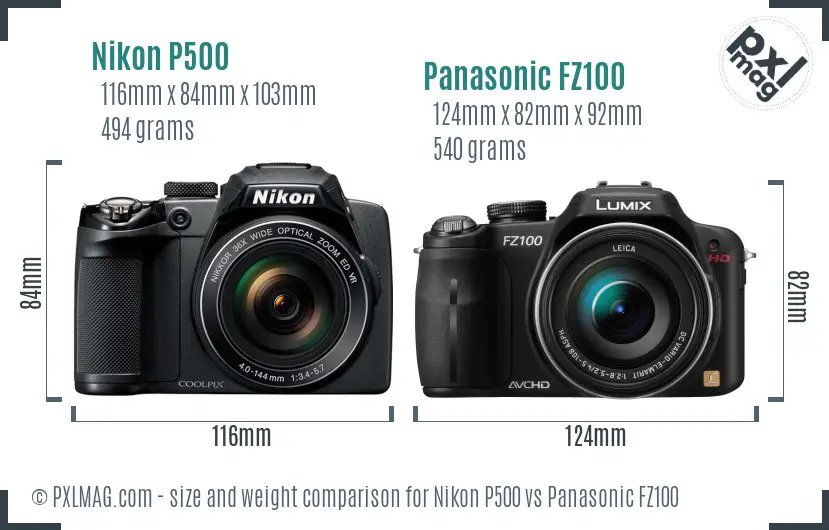 Nikon P500 vs Panasonic FZ100 size comparison Nikon P500 vs Panasonic FZ100 size comparison