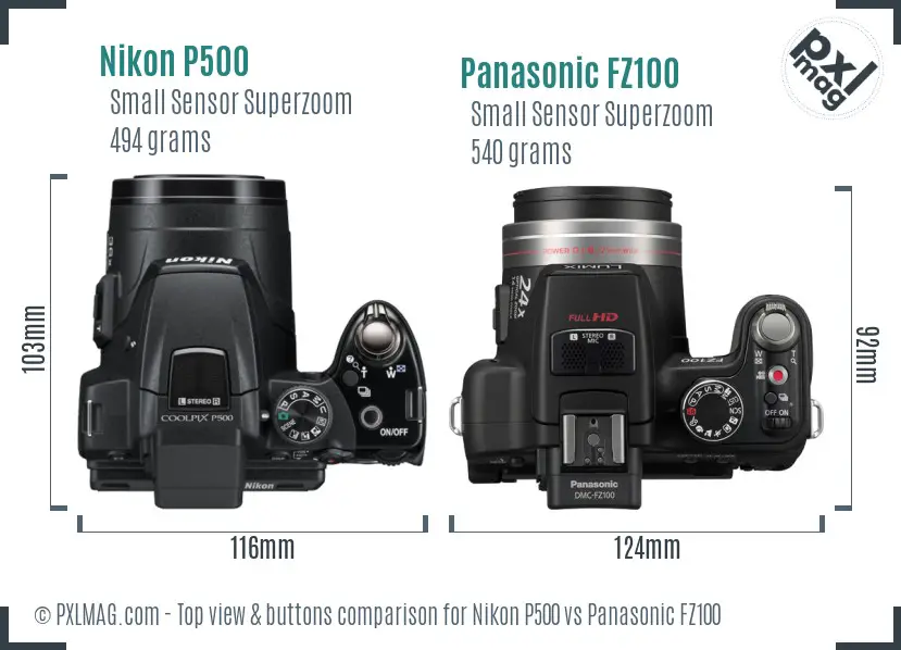 Nikon P500 vs Panasonic FZ100 top view buttons comparison Nikon P500 vs Panasonic FZ100 top view buttons comparison