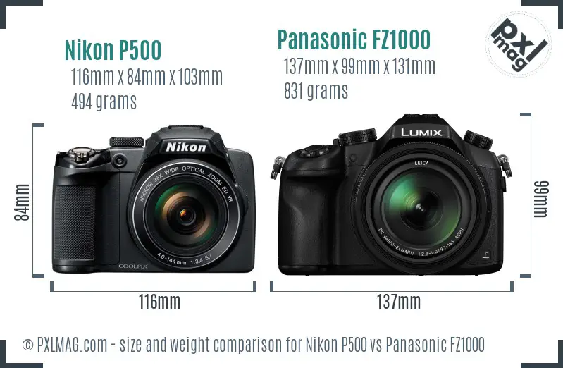 Nikon P500 vs Panasonic FZ1000 size comparison