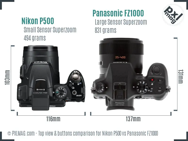 Nikon P500 vs Panasonic FZ1000 top view buttons comparison