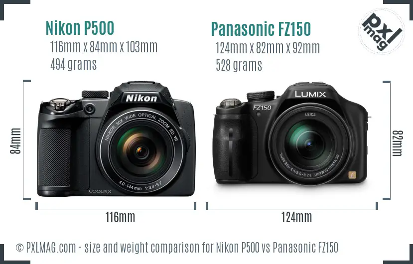 Nikon P500 vs Panasonic FZ150 size comparison
