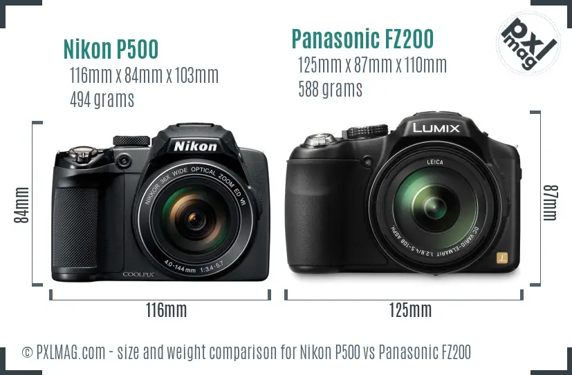 Nikon P500 vs Panasonic FZ200 size comparison